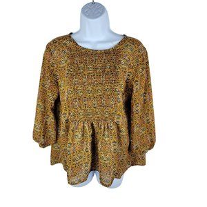 Xhilaration Hippie Boho mustard Puff sleeve top large Floral